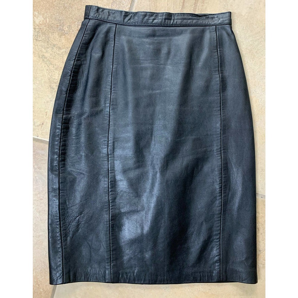 karin morgan women 3/4 Black leather vintage pencil straight skirt D
